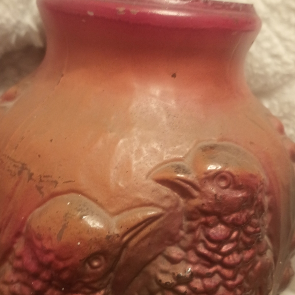 HP 9/9! Antique Victorian Large Goofus Glass Vase Two Birds Floral Background - Picture 15 of 15